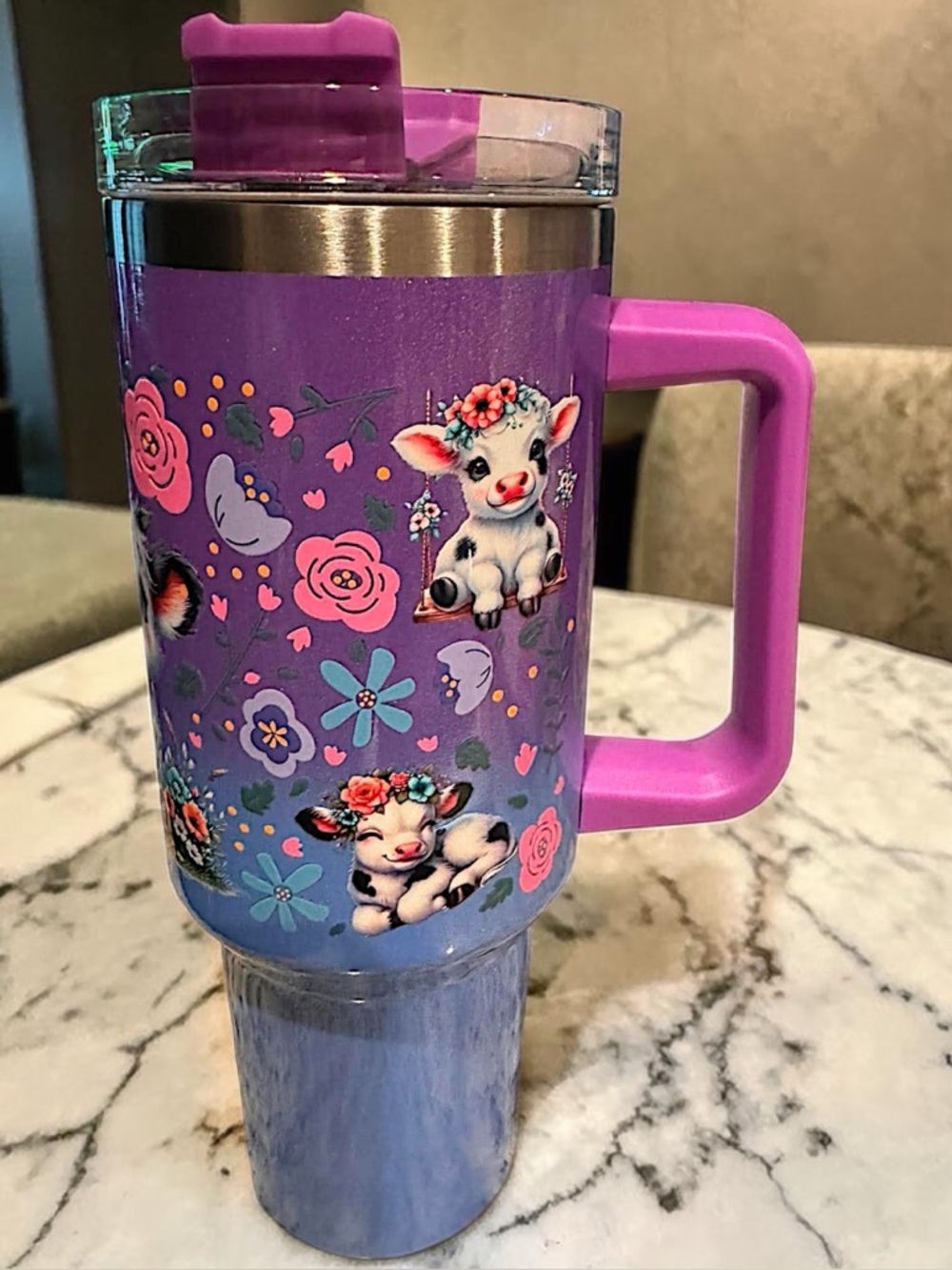 Purple Floral Cow Travel Tumbler with Handle NEW IN BOX stainless steel